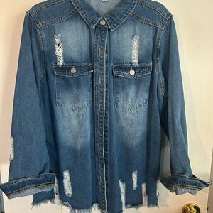 SHEIN Blue Distressed Button Down Shirt